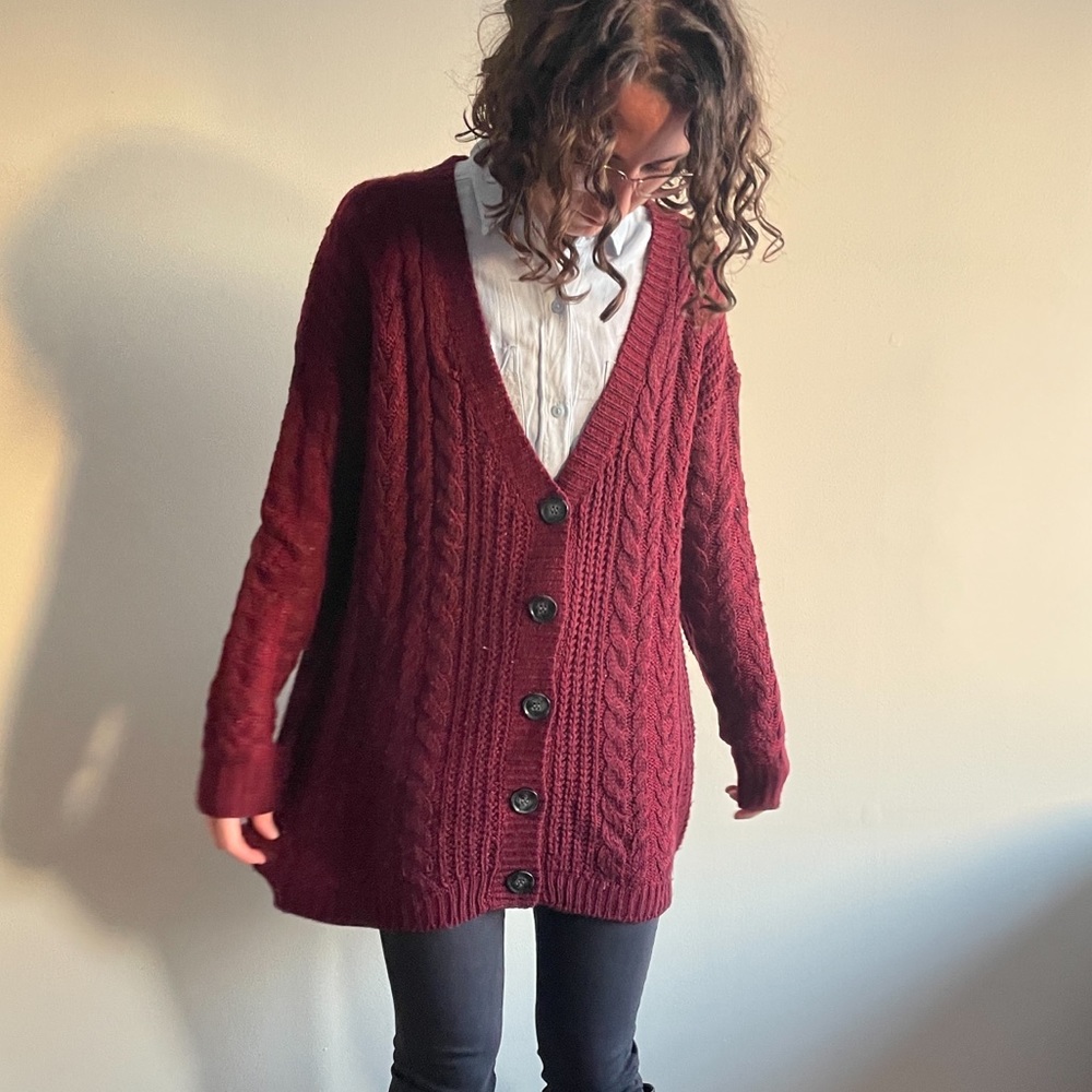 Burgundy Cable Knit Cardigan